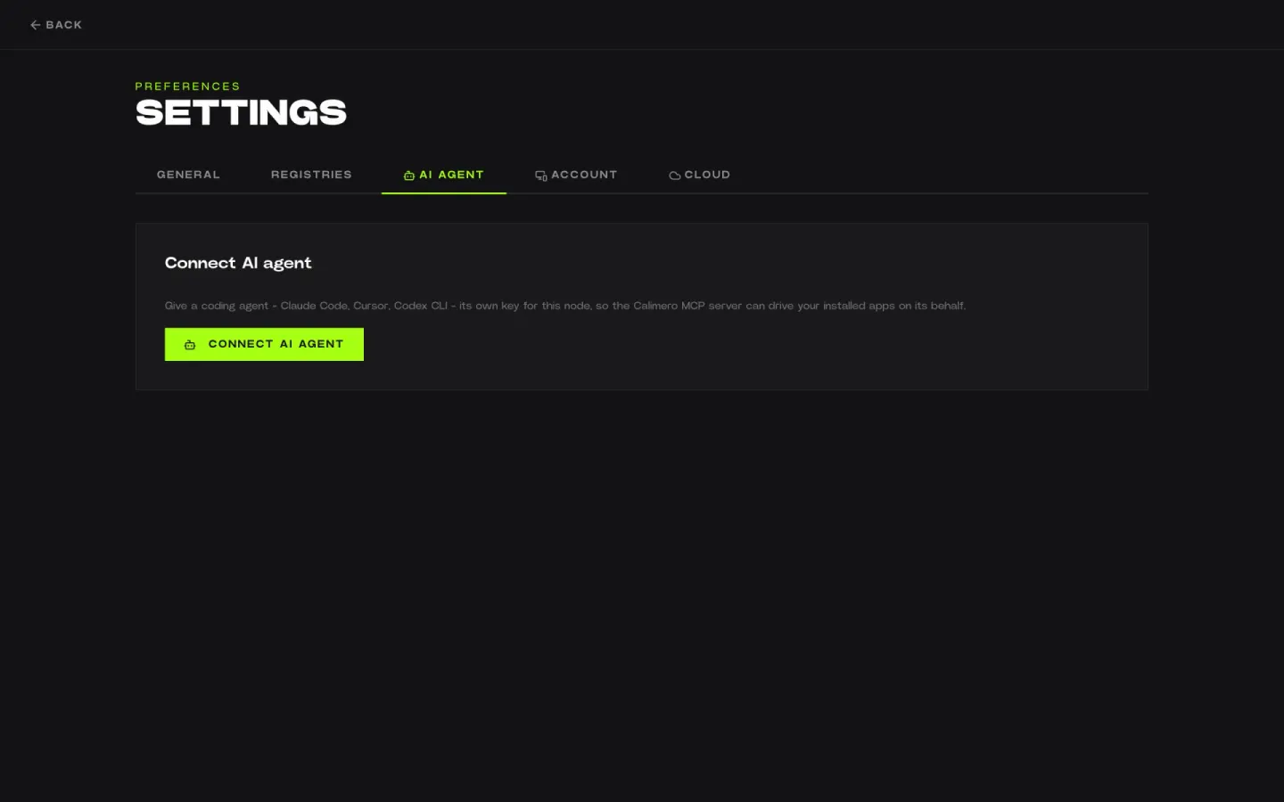 Settings, AI agent tab: Connect AI agent