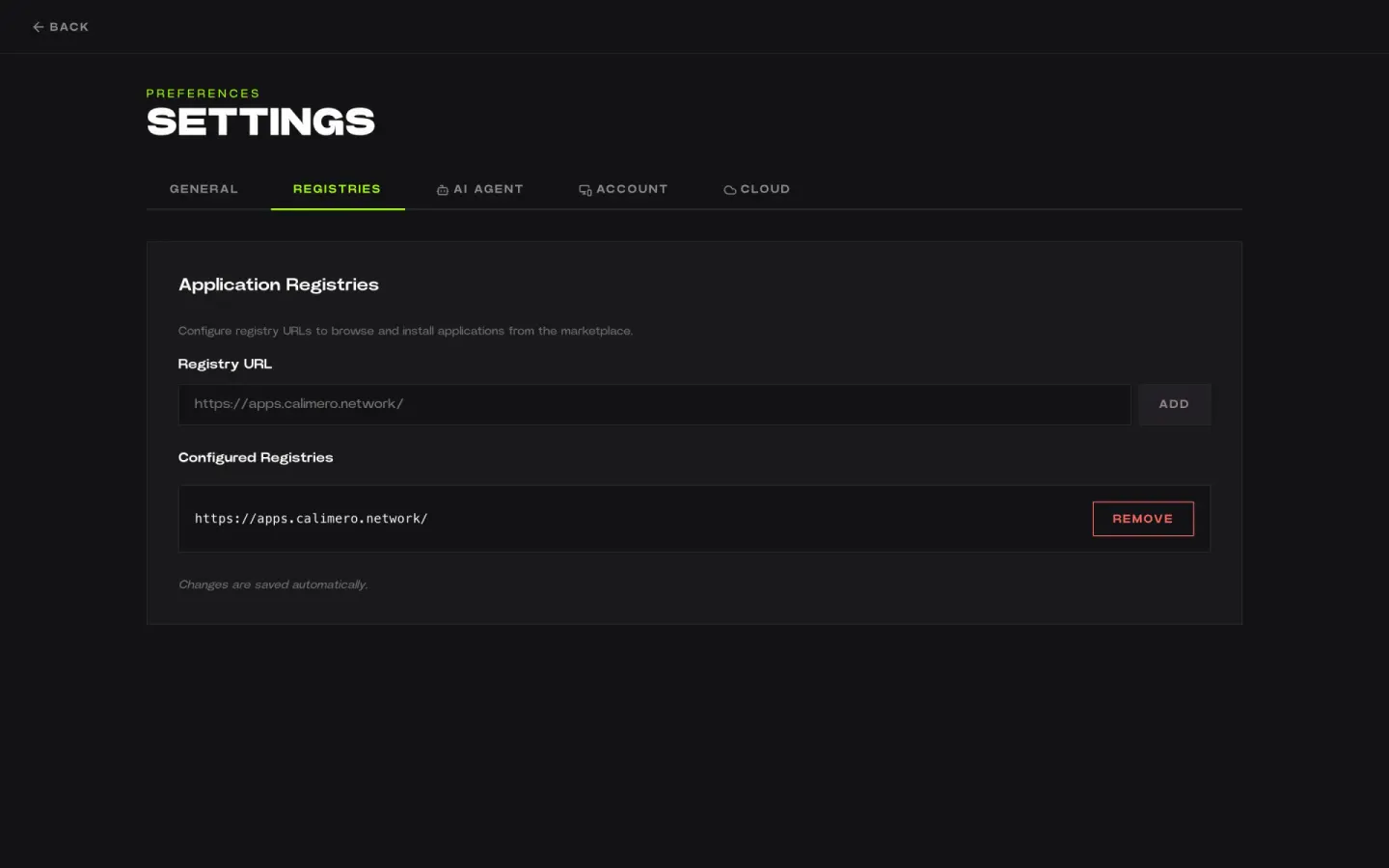 Settings, Registries tab: the configured registry apps.calimero.network